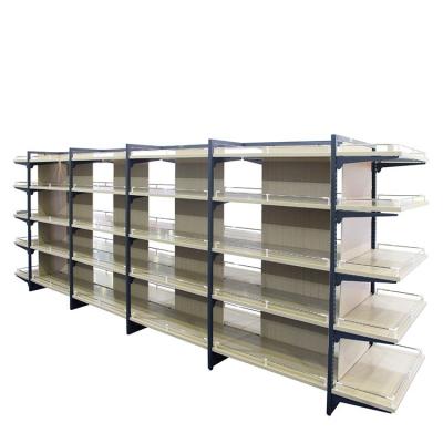 China Low price double sided high quality supermarket steel wood composite shelf for sale