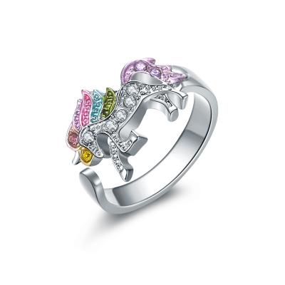 China New Style Cute Women Fashion Accessories Unicorn Rhinestone Fashion Rings Silver Colorful Rings Open Ring for sale