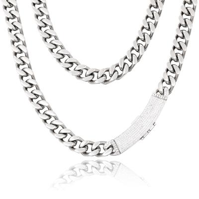 China High Quality/Hip Hop Drop Shipping 12mm Cuban Link Stainless Steel Gold Plated Necklace Chain Clasp PVD Paved CZ Stone for sale