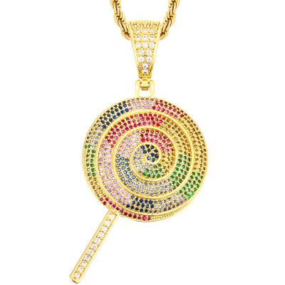 China High Quality Hiphop/Drop Shipping/Punk Shipping Hip Hop Jewelry Charm Iced Out Gold Plated Colorful Zircon Lollipop Pendant Necklace for sale