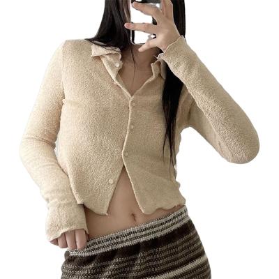 China Breathable New Arrivals Soft Lapel Cardigan Crop Top For Girls Fashion Casual Solid Color Slim Fit Blouse Streetwear for sale