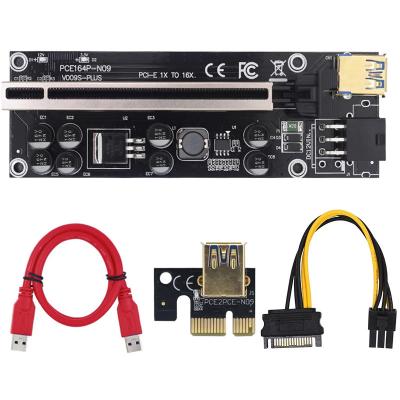 China Newest PCIe VER 009s Riser Card Plus 6 Pin Graphics Card With 6 LED Lights USB 3.0 1x To 16x PCI-E Riser Card SATA 6 Pin Power 12.9*4.4*1.2 for sale