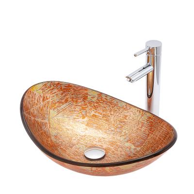 China Orange Oval Crystal Vessel Sink Bathroom Lavatory Basin Wizard Tempered Glass Wash Basin for China Theme Art Wash Vessel Sink for sale