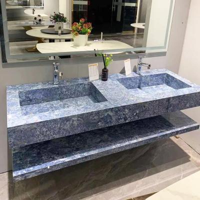 China Modern Wall Mounted Glossy Blue Faux Marble Countertop Built-In Sink Recessed Hidden Sink Drain Wash Basin With Storage Shelf for sale