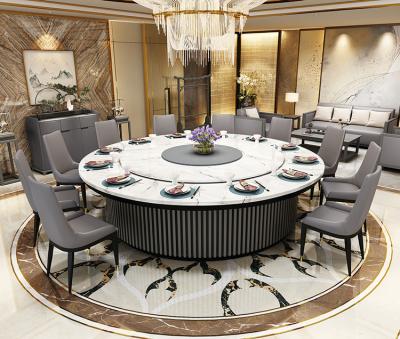 China Modern Luxury Big Size Around Lobby Restaurant Automatic Turntable Fish Belly White Real Electric Marble Hotel Dining Table Set for sale