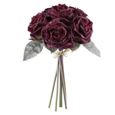 China Home Decoration Hot Selling Natural Artificial With Raffia Burgundy Rose Bush Bundle New Year for sale