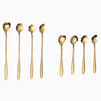 China OEM Mini Gold Teaspoons Flower Long Handle Stainless Steel Stir Bar Coffee Mug Stocked Teaspoon for sale