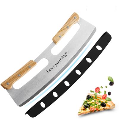 China Viable Laser Your Brand Stainless Steel Shark Pizza Knife Cutter Rocker with Double Wooden Handle for Kitchen Tools for sale