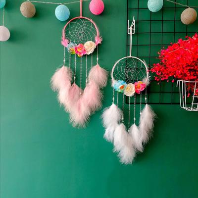 China Beautiful flower home wall decor present craft cute dreamy boho flower catcher dreamy feathers handmade for sale