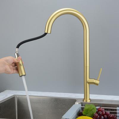 China Sense Faucets Swept Gold Kitchen Sink Faucet With Pull Down Sprayer Kitchen Mixer Tap With Two Water Modes Sprayer High Arc Style for sale