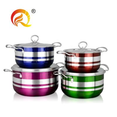 China Sustainable festival style stainless steel cookingware set colored cooking pots with double ears for sale