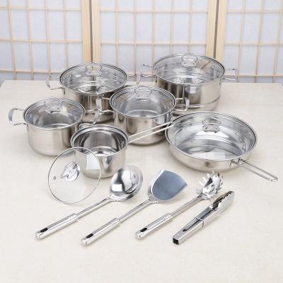 China Sustainable 18Pcs Stainless Steel Kitchen Cookware Set Cooking Pots And Pans With Glass Cover Cookware Set for sale