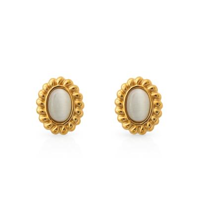 China Chris April Vintage Jewelry FASHIONABLE Stylish PVD Gold Plated White 316L Stainless Steel Rope Side Cat Eye Stud Earrings for sale