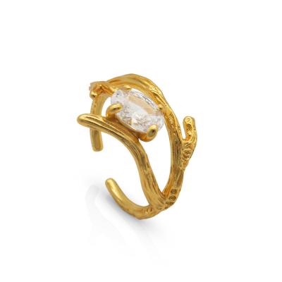 China Cute Chris April In Stock 925 Sterling Silver Gold Plated Uneven Grain Oval Zircon Branch Texture Adjustable Ring for sale