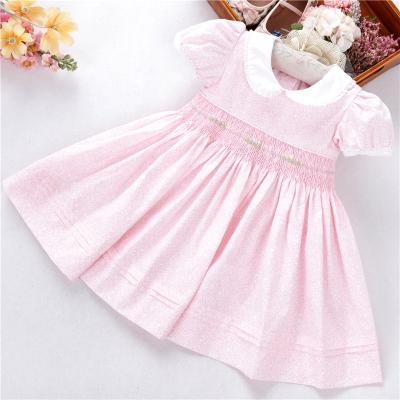 China H032063 Breathable baby smocked dress pink girl summer children's clothing cotton hand made children's clothes for sale