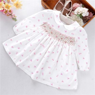 China C20729 Winter Corduroy White Flower Breathable Babies Dresses Smocked Long Sleeve Hand Made Kids Clothes for sale