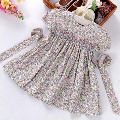 China C041554 Breathable kids clothes girls dresses smocked pink blue flower cottonsummer hand made wholesale for sale