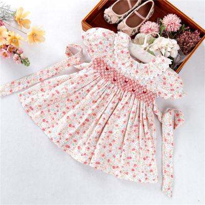 China Summer C5237 Breathable Kids Clothing Flower Floral Babies Smocked Dresses Cotton Wholesale Kids Outfit for sale