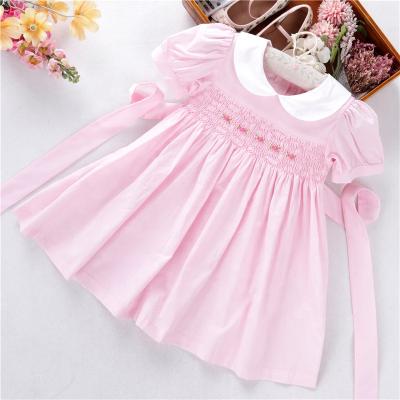 China B062362 breathable LACE girl's dresses summer solid blue simple eacy smocked cotton kids clothing wholesale for sale