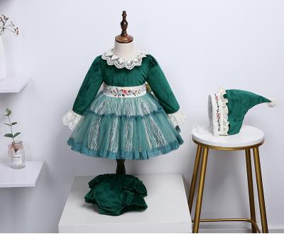 China Long Sleeve 3 Pcs Breathable Green Baby Lolita Spanish Lace Dress Y6005 With Hat Girls Princess Dresses Vintage Clothes for sale