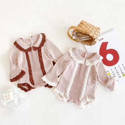 China Breathable Newborn Kids Clothes Sets Peter Pan Handmade Collar Knit Rompers Embroidery Flare Unique Sleeve Jumpsuit for sale