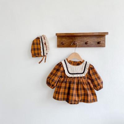 China Breathable Autumn Fall Plaid Baby Newborn Kids Rompers Brown Toddler Girls Overalls With Hat PP91077036 for sale