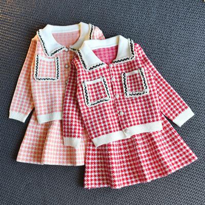 China Autumn Breathable Red Plaid Spring Babies Infant Cardigan With Skirt Kids Knitted 2 Pcs Clothing Set MY038041 for sale