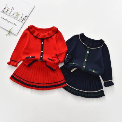 China Babies Breathable 2021 Autumn Winter Solid Red Blue Infant Cardigan With Skirt Kids Knitted 2 Pcs Clothing Set Preppy Style for sale