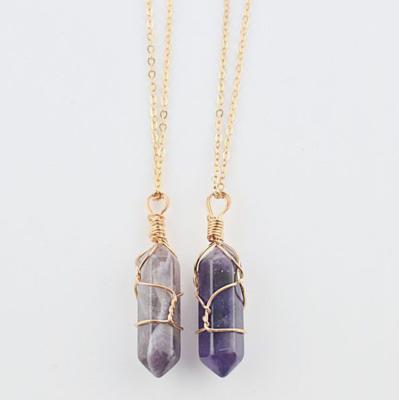 China Girls Classic Hexagonal Prism Handmade Wire Wrapped Natural Quartz Necklace Amethyst Chakra Pendant for sale