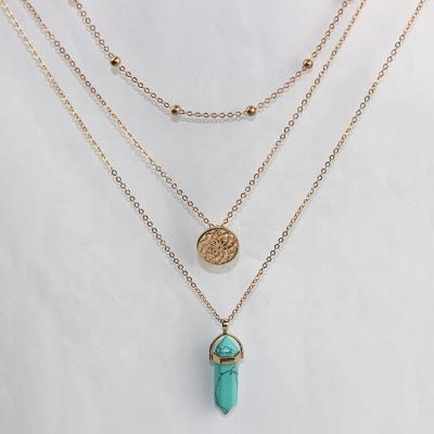 China BOHEMIA Boutique 3 Layers Gemstone Necklace Multi Color Stone Charm Pendant Necklace With Moon And Star for sale