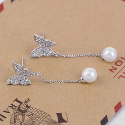 China Classic Fashion 925 Silver Zircon Butterfly Shape Long Pearl Stud Dangle Earring For Girls&Women for sale