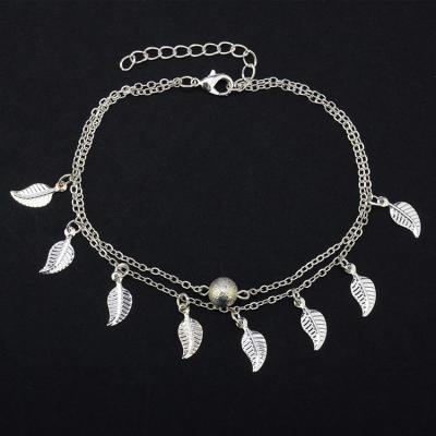 China New Fashion Beach Style Gold Silver Fringed Leaves Double Layers Vintage Small Tassel Anklet Chain For Girls for sale