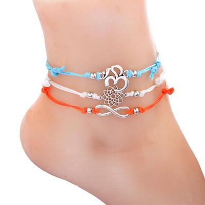 China Fashion Vintage Flower Infinity Charm Rope Anklet Wax String Foot Jewelry Alloy Adjustable Anklets For Women for sale