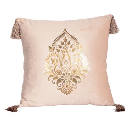 China Cozy Golden Stamp Velvet Cushion Covers Classic Pompom Luxury With Piping For Four Seasons Decoration Wholesale Pillow Case for sale