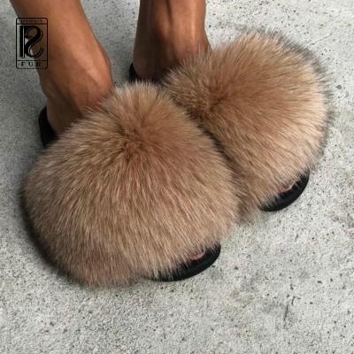 China Women's Fashion Trend Fur Slippers Slides Open Toe Real Raccoon Girls Bedroom Fluffy Slips Outdoors for sale