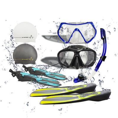 China Factory Wholesale Waterproof Silicone Water Sports Snorkeling Mask Swimming Cap Diving Fins Mask Glass Set for sale