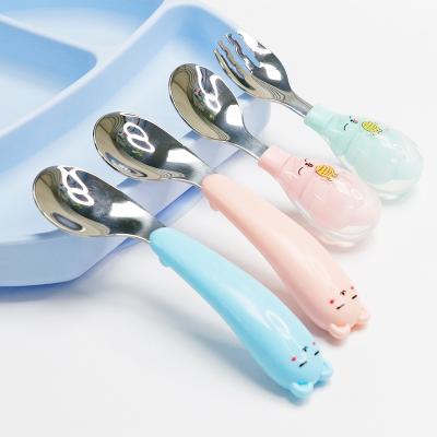 China BPA Free Factory Wholesale Food Grade Kids Silicone Handle Stainless Steel Kids Eating Fork Spoon Baby Silicon Feeding Spoon for sale