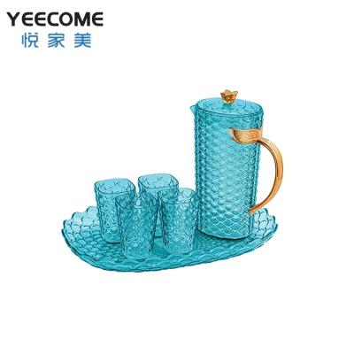 China Durable Plastic Drinkware Yeecome Brand Water Jug PS Shiny Gold Plated Handle Blue Transparent Fish Scale Water Jug Sets for sale