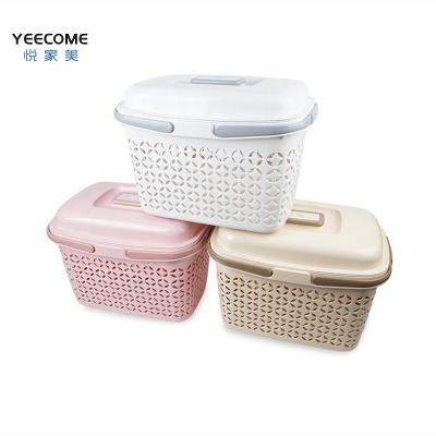 China Large Sustainable Plastics Storage Basket Yeecome Private Label Hollow Out Plastic Hand Basket With Lid for sale