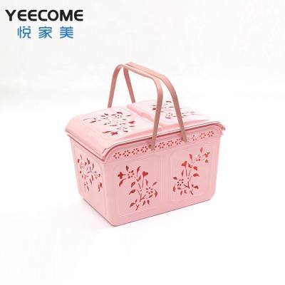 China Hollow Viable Flowers Model Storage Basket Yeecome Brands Double Open Lid Plastic Basket With Double Handle for sale