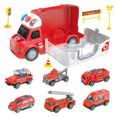 China ABS/PP Judge Me Six Function Fire Fighting Car Trailer Set With Sound And Light Storage Push Play Carryover Car Toys for sale