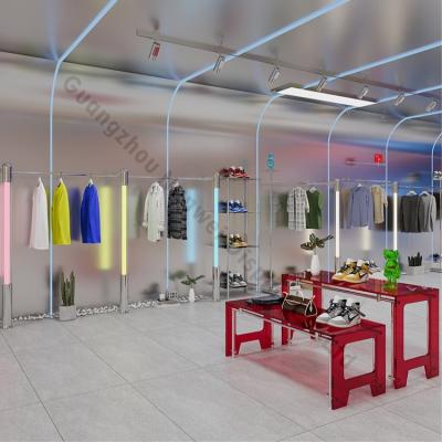 China New Style One-Stop Design Clothing Store Women's Acrylic Stainless Steel Clothing Display Stand With Led Light for sale