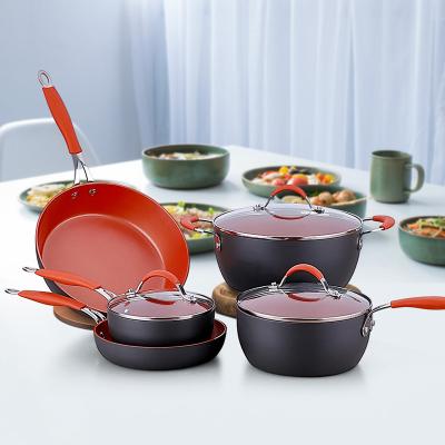 China Durable Pressed Ceramic Hard Anodizing Copper Aluminum Cookware 8pcs Set Non Stick Cooking Pots for sale