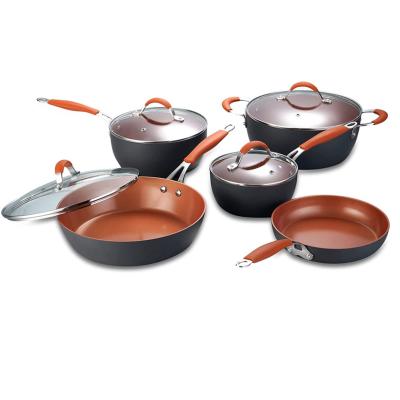 China Durable Hard Anodizing Copper 9pcs Pots And Pans Spiral Cooking Non Stick Pressed Aluminum Cookware Set for sale