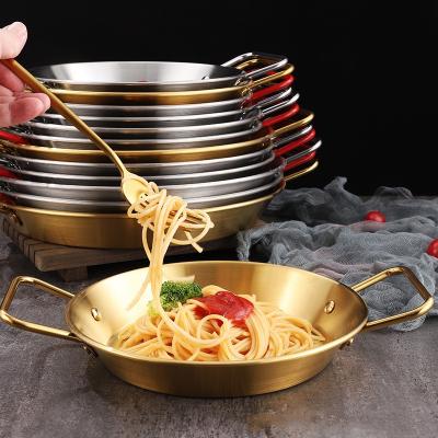 China Viable High Quality Round Dish Cooking Frying Pan Non Stick Stainless Steel Seafood Spanish Paella Pan With Handle for sale