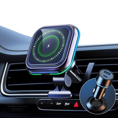 China Mobile Phone Car Charger 15W Magnetic Wireless Fast Charging Mobile Phone Holder Dual Port Charger For iPhone for sale