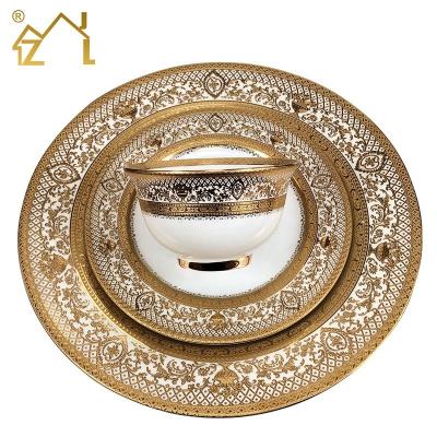 China Wholesale Luxury Bone China Tableware Dinner Dishes Gold Plated Tableware Set Viable For Wedding for sale