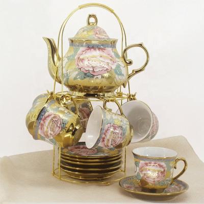 China Wholesale Eco-friendly Luxury Antique Flower Pattern Gold Plating Teapot And Cup Set From Ceramic Sustainable Plant for sale