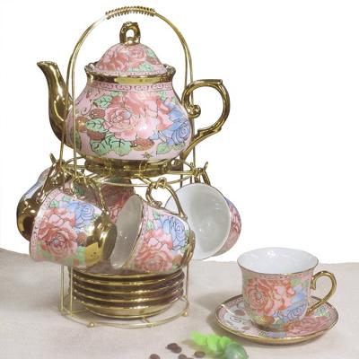 China Sustainable New Design Colorful Porcelain Gold Plated European Style Tea Set High End Teapot for sale