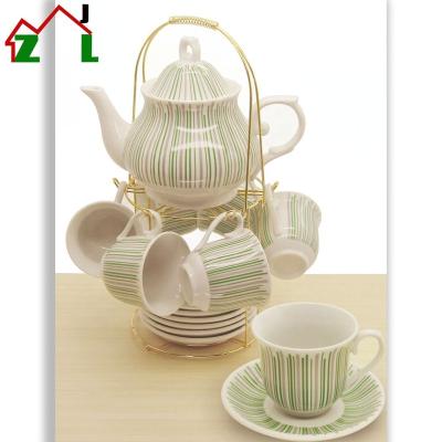 China Sustainable Porcelain Teapot Set Tea Cup And Saucer Set With Stand for sale